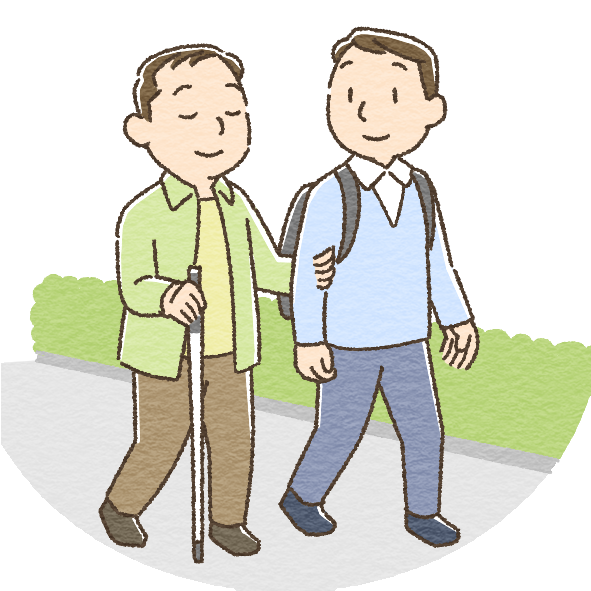 青い服を着たガイドヘルパーが笑顔で案内している姿